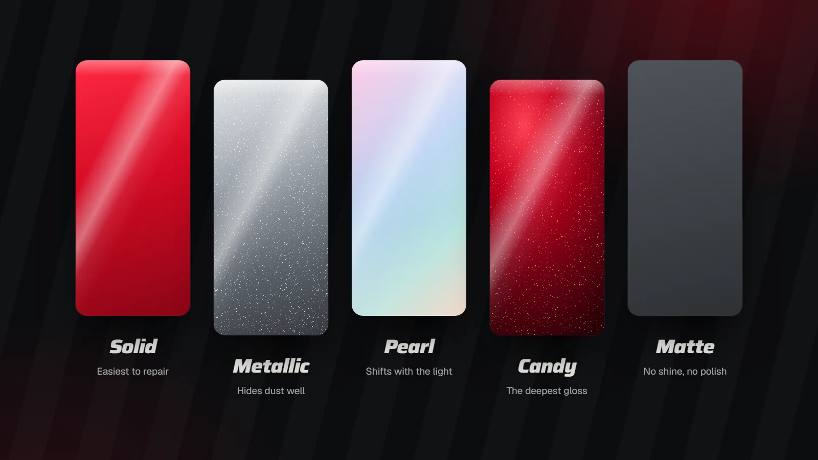 Five painted spray-out cards side by side: solid red, metallic silver, pearl white, candy red and matte grey
